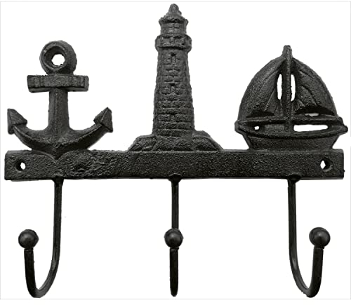 vonHermine Kleiderhaken Hakenleiste Garderobe Maritim Leuchtturm Anker Schiff Meer Metall 20 x 5 x 17,5 cm, Dunkelbraun