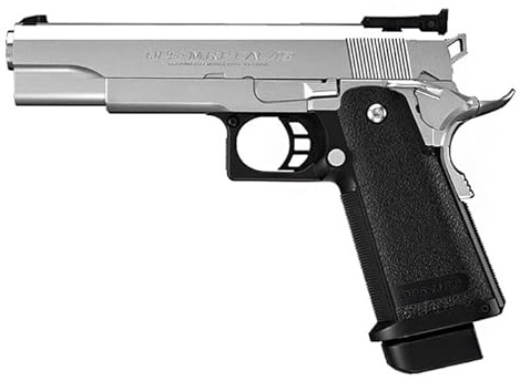 Pistola de Airsoft de Gas blowback hi-Capa 5.1 Stainless en Color Negro y corredera Plata de la Marca y Fabricante japonés Tokyo Marui. Potencia < 1 J