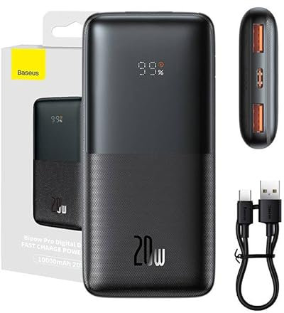 Baseus Power Bank Bipow with Digital Display, Fast Charge, U+U+C (with USB-A to Type-C, 3A, 0.3m cable) 20W, 10000 mAh,