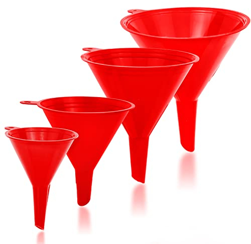 Liqvee Funnel Red in 4 Different Sizes (122, 101, 76 & 50mm) Durable & Non-Toxic Food Grade Plastic -Funnels for Filling Bottles or Containers with Ring Holders – Ideal for Kitchen, Garage & Labs