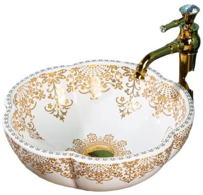 jdzjybqx Bad Waschbecken,Weiß und Gold Farbe Kunst Keramik Arbeitsplatte Waschschalen für Bad und Bauernhaus, Waschtisch Waschplätze Durchmesser: 41cm