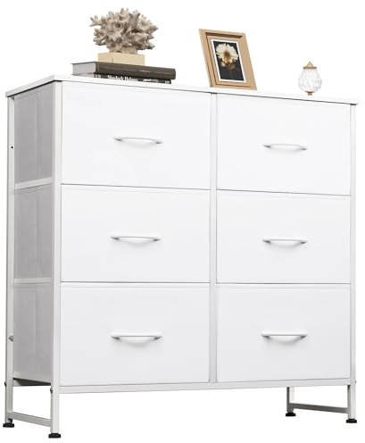 WLIVE White Dresser for Bedroom with 6 Fabric Drawers, Closet Dresser with Metal Frame, Wooden Top, Chest of Drawers for Closet, Living Room, Hallway