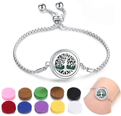 SIXDUTON Armbänder Aromatherapie Armband Edelstahl Aromatherapie Verstellbares Armband Set mit 10 Nachfüllkissen für Männer und Frauen (Tree of Life)