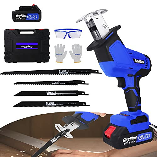 21V MAX Cordless Brushless Reciprocating Saw, 4 Saw Blades Electric Saw with 1.5Ah Li-ion Battery and Charger, Powered Mini Reciprocating Saw w/1900RPM Variable Speed, Tool-Free Blade Change for Wood