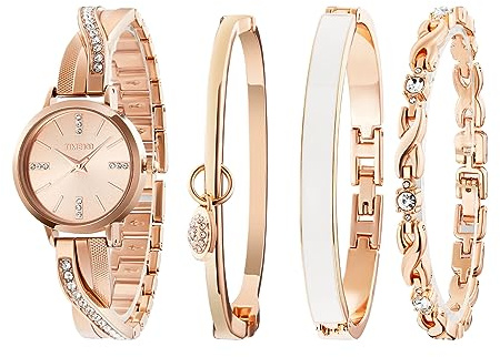 TIME100 Quartz Damenuhr Set Gold/Silber Elegant Kette und Reif Dress Watch Verstärkt Kristallglas Minimalistisch Ziffer Ideal Accessoir