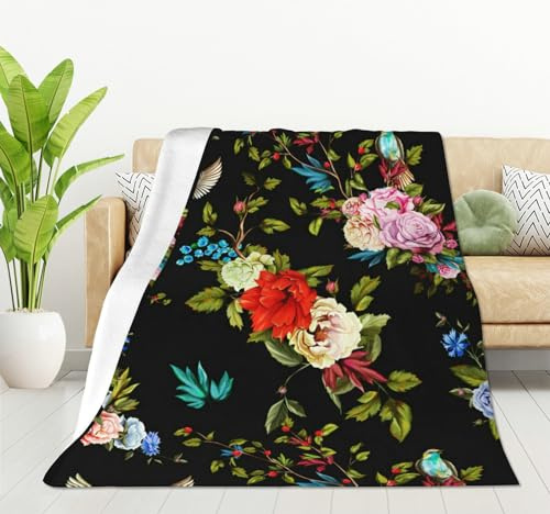 HGOD DESIGNS Decke mit Wildblumen, glatt, weich, Pfingstrosen, Rosen, Nachtigall, Kornblumendruck, Überwurf, Decke für Sofa, Stuhl, Bett, Büro, 100 x 130 cm