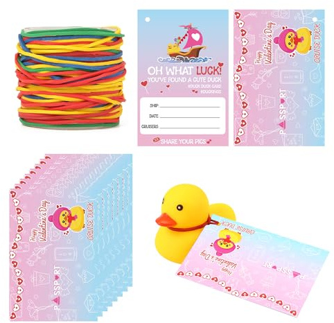 50 Stück Duck Tags, Gepäckanhänger für Kreuzfahrten mit 50 Bunten Gummibändern Valentinstagskarte Valentinstag-Entenanhänger für Valentinstag Geburtstag Party Karneval Entenspiele