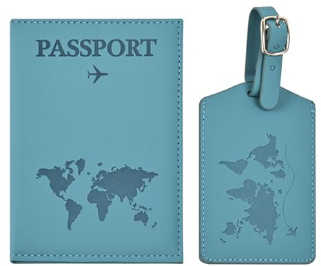 Greyoe Funda Pasaporte, Funda para Pasaporte, Organizador de Pasaport de Cuero PU + Etiqueta de Equipaje, para Hombres y Mujeres, Accesorios de Vacaciones, Esenciales de Viaje (Azul)