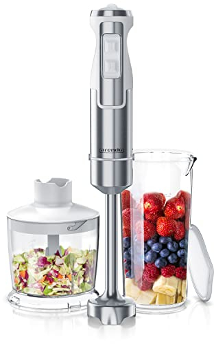Arendo - Mixeur plongeant inox 1000 W, Mixeur à main, Couteau à 4 lames, Presse-purée, Variateur de 5 vitesses et Bouton turbo, Verre doseur 600 ml, Mélangeur à main, Hachoir, Pied de mixeur amovible