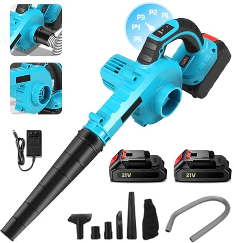 Soffiatore di foglie, soffiatore portatile senza fili a batteria, soffiatore a foglie elettrico senza fili 21 V, soffiatore a foglie portatile a mano, controllo a 5 velocità, per patio, tappeto erboso