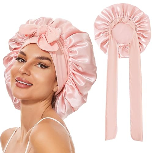 Catelves Satin-Schlafhaube, Bonnet für Lange Haare und Locken, Hellrosa | 36 cm Satin-Haarhaube mit breitem Bindeband; verstellbar für Zöpfe, Braids, Locken und voluminöse Frisuren