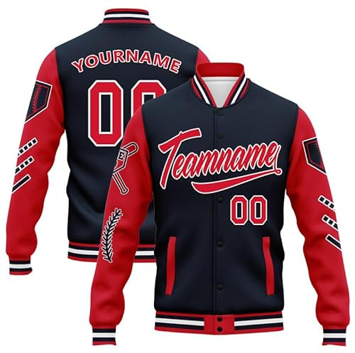 Chaqueta universitaria personalizable, nombre, logotipo, imagen | Abrigo bombardero universitario, Red Nevy, M