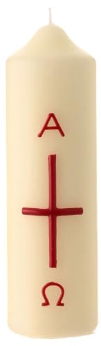 Weisse Osterkerze mit Alpha und Omega und Kreuz in modernem Stil, Rot, 16,5x5 cm