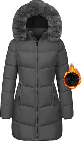 Tuopuda Winterparka Damen Lang Warm Winter Daunenjacke Wasserdicht Steppjacke Skijacke Übergangsmantel Winddichter Pufferjacken Stehkragen Oberbekleidung Geschenk für Frauen, Dunkelgrau, XL