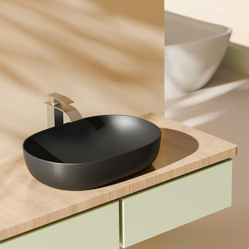 EMKE lavandino Ovale da Incasso, 60 x 41 x 13 cm, Nero Opaco, Facile da Installare e Pulire, Lavabo Antigraffio per Bagno, Mobile Lavabo per Bagno e WC per Ospiti