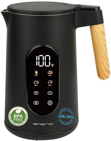 EMERIO Wasserkocher Edelstahl 1.7L | isolierte Doppelwand | Temperaturwahl 40-100°C in 5°C Schritten | Display mit vorprogrammierten Teesorten | BPA frei | 2200 W | Auto Off | Warmhalten | WK-132230