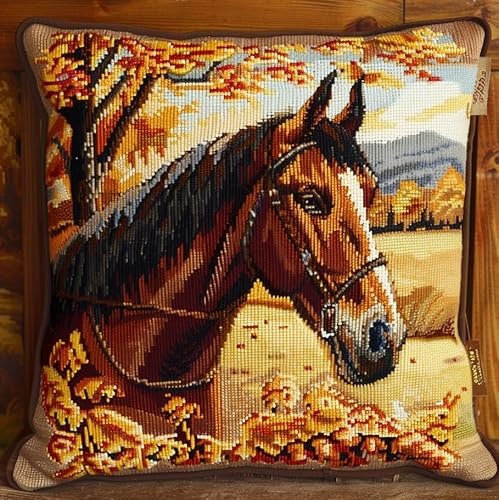 Taxpy Kissenbezug DIY Knüpfkissen Set Tier Pferd Knüpfkissen Set Kreuzstich Stickerei 43x43cm Selber Machen Set Latch Hook Kit für Erwachsene zum Selber Knüpfen