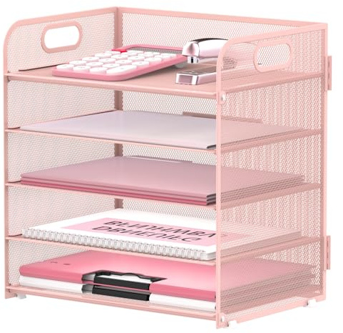Supeasy 5 Trays Papier Organizer Brief Tray mit Griff-Mesh Schreibtisch Datei Organizer, Papier Sortier Schreibtisch Organizer für Büro, Haus oder Schule, Rosa