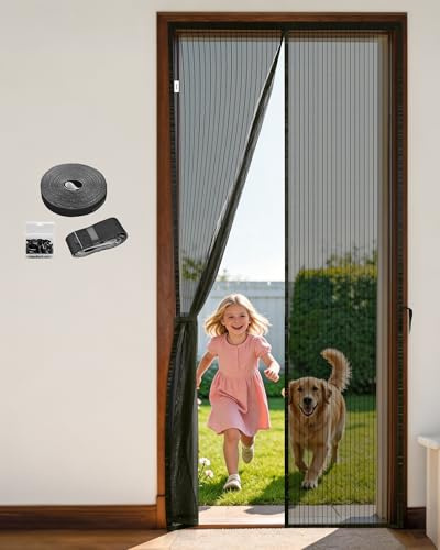 HOMGEN Mosquitera Puerta Magnética 80x200cm- Cierre Automático con 4 Imanes Poderosos & Cinta Mágica, Sin Perforaciones Incluye Bolsa de Almacenamiento para Patio/Balcón/Dormitorio