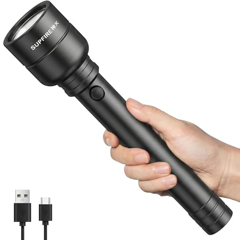 SuperFire wiederaufladbare LED-Taschenlampe1000000 Lumen – extrem hell, 5 Leuchtmodi – für Outdoor, Camping, Wandern, Haushalt und Notfälle