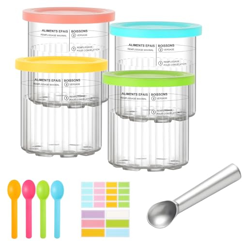 GOLXUWO 4 Recipientes de Helado para Ninja Creami, Para Ninja Creami Ice Cream Maker NC500 NC501 Series, Con tapa y cuchara, 680ml, Sin BPA, Apto para lavavajillas