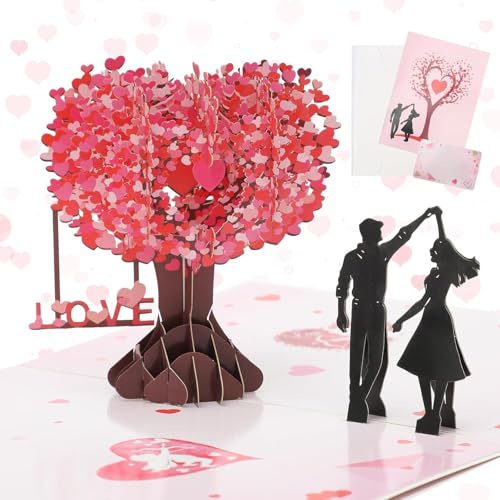 SIXHAOBU Hochzeitsgeschenk Hochzeitskarte Valentinstag Karte für Sie,Pop Up Karte, 3D Liebesbaum Pärchen mit Umschlag,für Valentinstag Hochzeitstag (Rot)