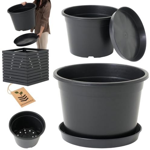 HOMERZO Pot de fleurs rond, 50 l, noir, en plastique robuste, avec trous de fond, grand pot de culture, pour jardin et terrasse (pot + soucoupe)