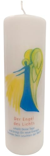 Engelkerze Engel des Lichts gelb-blau – Geschenkkerze mit Engelmotiv für Hoffnung, Energie & Zuversicht – Stumpenkerze handgefertigt 6 x 18 cm