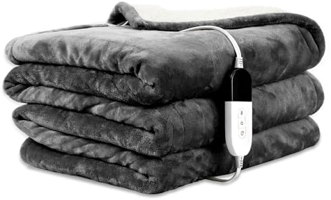 COZYTY Heizdecke mit Abschaltautomatik 150x200cm, Maschinenwaschbar, Grau | Sherpa & Flanell Elektrische Wärmedecke, 6 Heizstufen &10-Std. Abschalt-Timer, Überhitzungsschutz, CE Certified