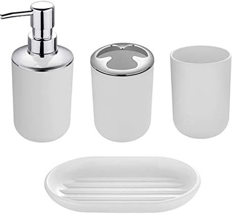 4pcs Bathroom Accessories Set, Toothbrush Holder Tooth Mug Soap Dish Liquid Bottle Bathroom Set Shower Countertop Vanity Organizer(White)
