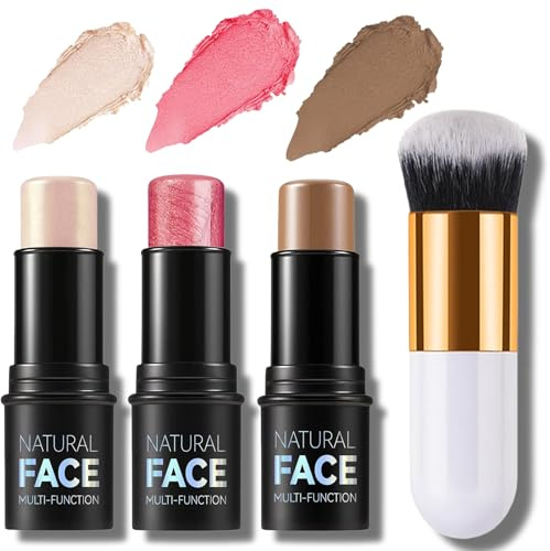 3 PCS Contour Highlighter Blush Sticks with Brush - Blendable, Waterproof Bronzer for Cheeks, Eyes, Lips. Long-Lasting, Smooth Formula for All Skin Types. Perfect Face Makeup Kit for a Flawless Glow