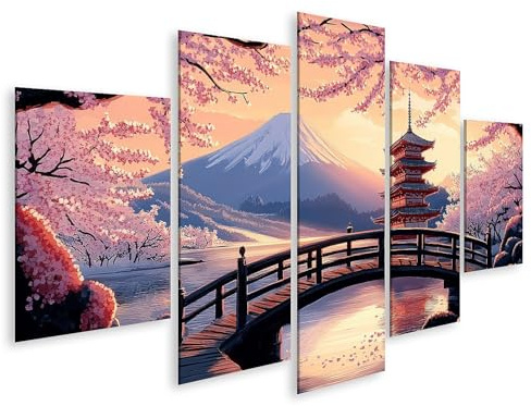 bilderfelix Tableau sur toile Paysage japonais avec des cerisiers en fleurs et une pagode - Toile 170x80 cm - 5 panneaux