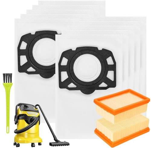 Vacuum Bags for Karcher with Filters, Hoover Bags for Karcher MV4 MV5 MV6 WD4 WD5 WD6 Wet and Dry Vacuum Cleaner Flat Pleated Filter Compatible(10 WD4 Dust Bag+2 Filter + Brush)