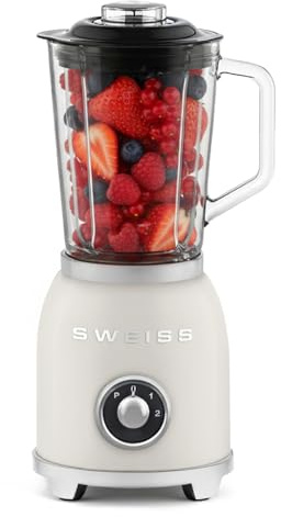 SWEISS Blender Smoothie Vintage MXV8, 2 vitesses et fonction pulse, 6 lames en acier inoxydable, Capacité 1,5L, Bol en verre, Pieds antidérapants, Interrupteur de sécurité, 1000 W, Beige