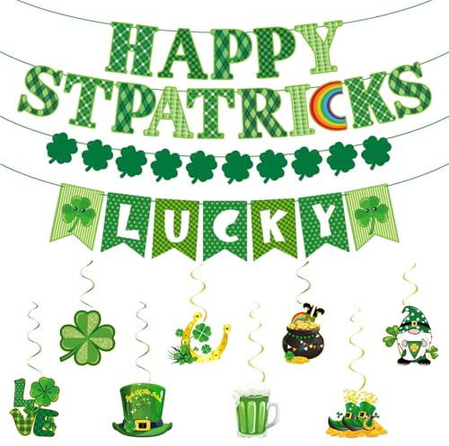 KLINNA 11 Stück St Patricks Day Deko Party Flagge Drag Spiral Set für Zuhause. Grüne Irland Deko, Lucky Banner & Kleeblatt Wirbel, festliche Party Dekorationen für Büro & Bar Zubehör