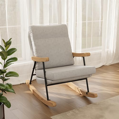BursDany Skandinavischer Schaukelstuhl – ergonomischer Stillstuhl aus Leinen, Struktur Massivholz und Metall, Relaxsessel für Wohnzimmer/Schlafzimmer (helllein) (helllein)