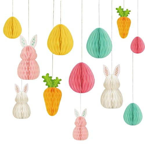 GWAWG 12pcs Easter Bunny Decorations Easter Eggs Honeycomb Balls Colour Eggs Decoration KitHanging Paper Pom Pendant Ornament for Party Decors