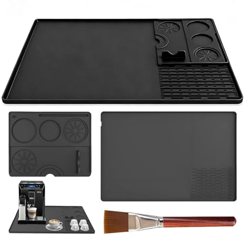 Msauifncp Kaffeemaschin Silikonmatte Set 40x60cm für Espressomaschine | 3-in-1 Dick Kaffee Matte, mit Antirutschmatte Tampermatte Reinigungsbürste, Überlaufrand 1 cm, Abtropfmatte Geschirr