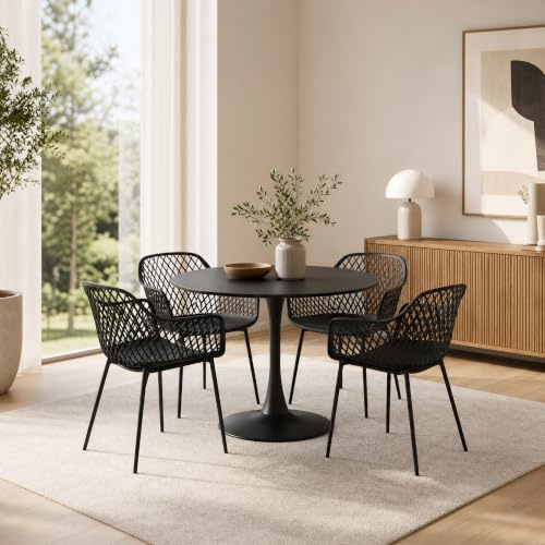 DazzlerE Runder Esstisch mit 4 Stühlen Set, Balkonmöbel Set für Kleinen Balkon, Balkontisch Klein für Garten, Terrasse, Balkon, Schwarzer Tisch (Ø 80 cm) + 4 Schwarze Sessel