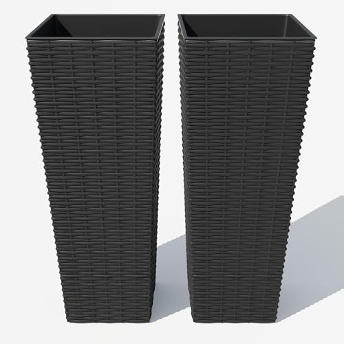 Pot Carré Haut Carrés 60 cm Lot de 2 Jardinières Hautes Noires Avec Doublures Amovibles Tall Pot en Plastique D'extérieur de Haut Avec Doublures Amovibles Pots de Fleurs pour Arbres et Fleurs Noir