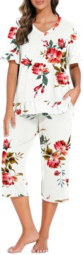 PrinStory Pyjamas For Women Short Sleeve T Shirt and Capri Pants V Neck Pjs Sets With Pockets