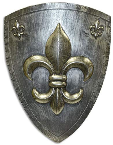 Scudo da Cavaliere in Ferro con Giglio Francese Decorativo Argento Antico/Oro 54 x H. 71 cm - Decorazione Medievale - Decorazioni da Parete