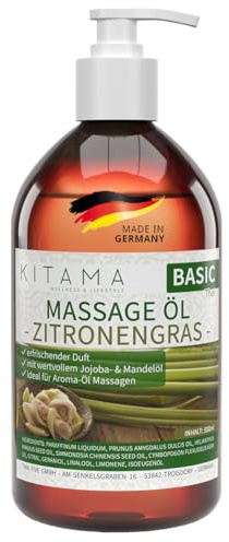 Kitama Massageöl Zitronengras 500ml Authentisches Aromaöl, made in Germany | Spritziger Lemongrass-Duft für pflegende Anwendungen daheim & in Thaimassage. Haut- plus Körperpflege für Wellness & Spa