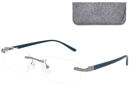 Occhiali da lettura graduati senza montatura, custodia grigia in feltro | Design rimless rettangolare da 22-24 g, aste in acciaio inox e custodia grigia in feltro per casa, ufficio e viaggio