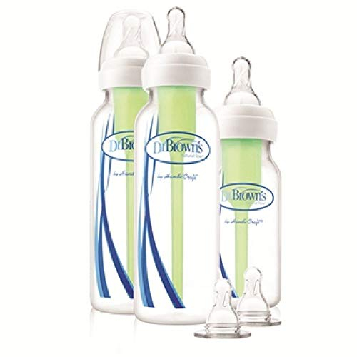 Dr Brown's Natural Flow Anti-Colic Options+ Narrow Baby Bottle, Starter Kit, 1x 4oz/120ml Bottle & 2X 8oz/250ml Bottles with Level 1 Slow Flow Teat, Kit Also Includes 2X Level 2 Medium Flow Teats