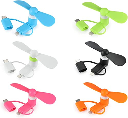 A plus Lot de 6 mini ventilateurs de téléphone portable 3 en 1 compatibles avec iPhone/iPad/smartphone Android/tablette Micro USB/Type C/Lightning Port Ventilateur coloré et puissant