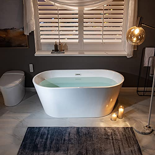 WOODBRIDGE 59 Acrylic Freestanding Bathtub Contemporary Soaking White Tub with Brushed Nickel Overflow and Drain,B0014 -B/N-Drain &O