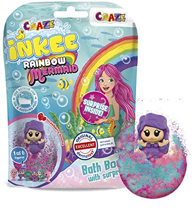 INKEE SURPRISE MERMAID | Magische Duft Badekugel mit Meerjungfrau Saugnapf Figuren, Kinder Badebomben mit Überraschung, mit Erdbeerduft, 1 Stück (1er Pack)