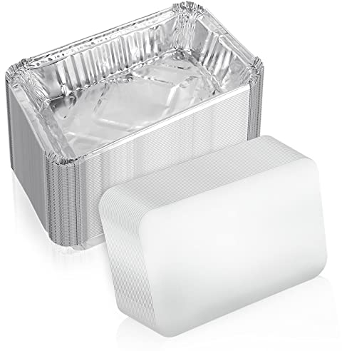 JMIATRY 50 Pcs Aluminum Foil Trays with Lids, 21 x 15 x 4.5cm Disposable Foil Food Containers with Lids, 840ml Takeaway Tin Foils Trays for Food Storage, Roasting, Baking, Broiling and Freezing
