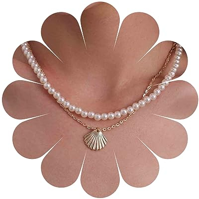Yheakne Boho Geschichtete Muschel Halskette Choker Gold Jakobsmuschel Anhänger Halskette Layering Pearl Choker Halskette Hochzeit Halskette Kette Schmuck für Frauen und Mädchen
